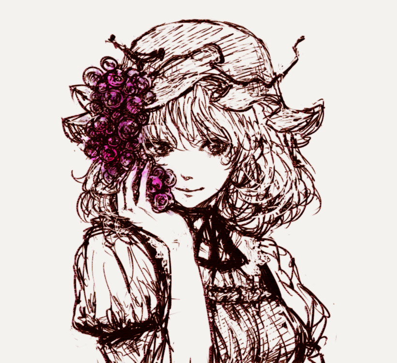 egawa satsuki, aki minoriko, touhou, 1girl, female focus, food, fruit, grapes, holding, holding food, holding fruit, monochrome, sketch, smile, solo, spot color