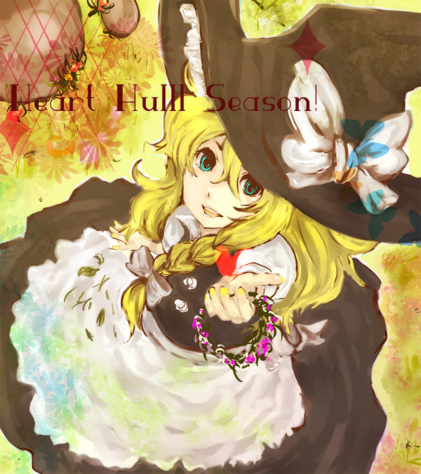 chiri (o9o9), kirisame marisa, touhou, 1girl, :d, apron, black dress, blonde hair, bow, brown eyes, buttons, dress, female focus, flower, frills, from above, hat, hat bow, looking at viewer, looking up, open mouth, puffy short sleeves, puffy sleeves, short sleeves, smile, solo, waist apron, white bow, witch hat