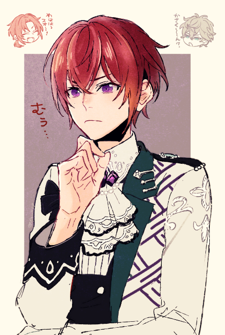 yamo (miyamo), sena izumi (ensemble stars!), suou tsukasa, tsukinaga leo, ensemble stars!, commentary request, translation request, 1boy, ascot, border, closed mouth, hair between eyes, long sleeves, male focus, official alternate costume, purple eyes, red hair, short hair, solo, upper body, white ascot, white border