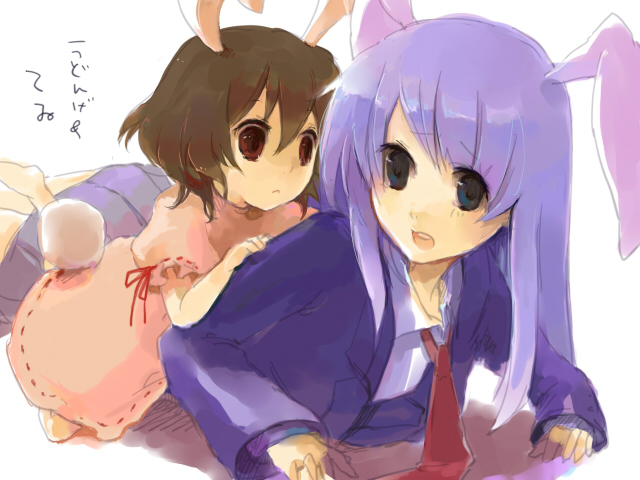 fujiyama, rin (artist), inaba tewi, reisen udongein inaba, touhou, 2girls, animal ears, female focus, multiple girls, necktie, rabbit ears, rabbit girl, rabbit tail, red necktie, tail