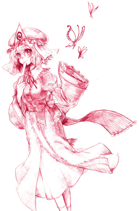 usa (artist), usaki (ama), saigyouji yuyuko, touhou, graphite (medium), traditional media, 1girl, bug, butterfly, female focus, folded fan, folding fan, hand fan, hat, japanese clothes, kimono, monochrome, red theme, short hair, solo