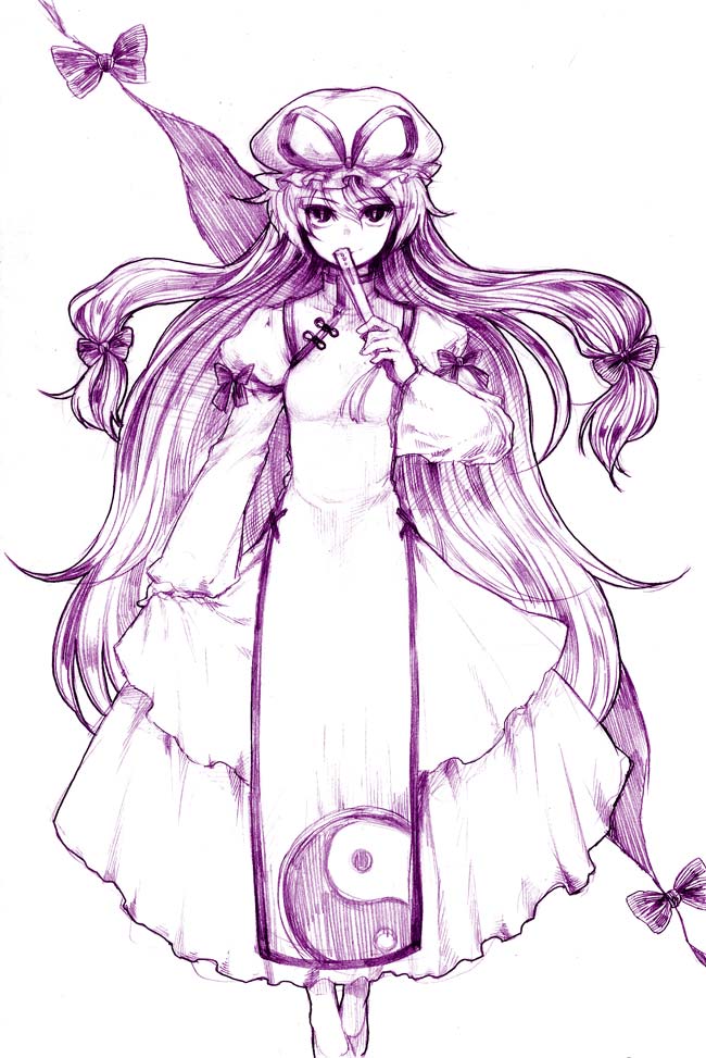 usa (artist), usaki (ama), yakumo yukari, touhou, graphite (medium), traditional media, 1girl, bow, covering face, covering own mouth, covering privates, dress, female focus, folded fan, folding fan, gap (touhou), hair bow, hand fan, hat, long hair, monochrome, purple theme, skirt hold, solo, standing, tabard, yin yang
