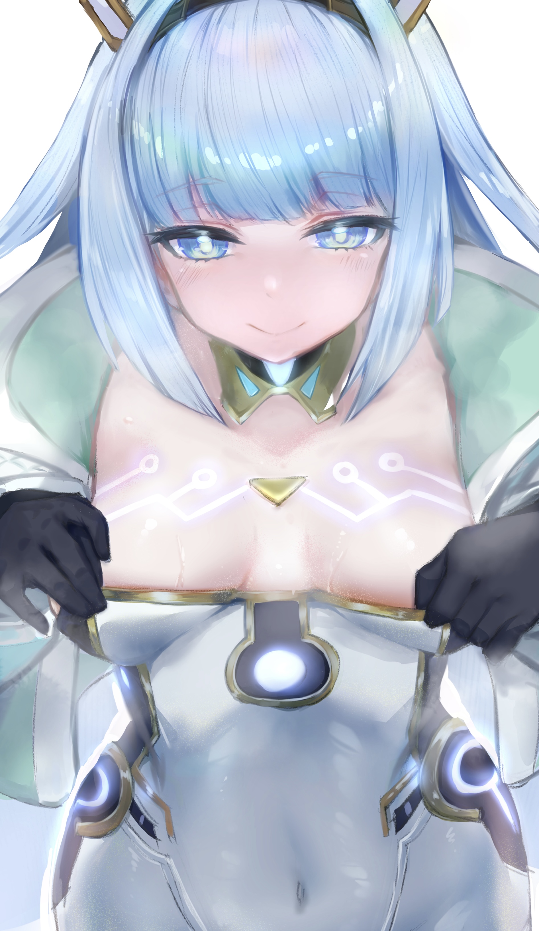 hundred brazil, eudie (shadowverse), shadowverse, shadowverse: worlds beyond, absurdres, commentary request, highres, 1girl, blue eyes, blue hair, bodysuit, breasts, closed mouth, covered navel, cowboy shot, long hair, medium breasts, sidelocks, simple background, smile, solo, sweat, white background, white bodysuit