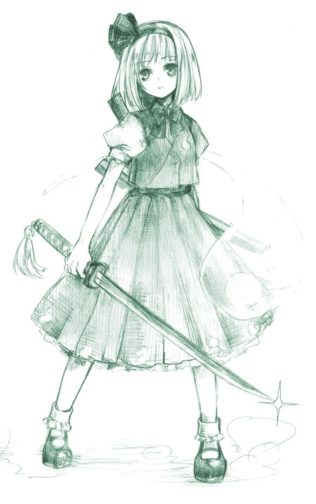 usa (artist), usaki (ama), konpaku youmu, konpaku youmu (ghost), touhou, graphite (medium), traditional media, 1girl, blunt bangs, bob cut, bobby socks, bow, bowtie, female focus, glint, green theme, katana, mary janes, monochrome, shoes, short hair, socks, solo, standing, sword, weapon