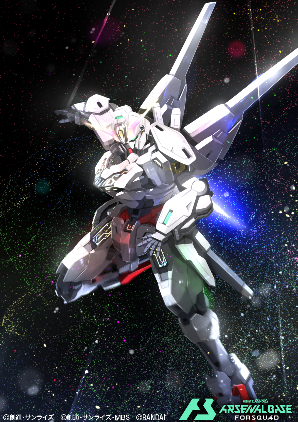 serike w, gundam calibarn, gundam, gundam arsenal base, gundam suisei no majo, official art, exhaust, glowing, green eyes, light particles, mecha, mobile suit, no humans, robot, science fiction, solo, space, v-fin