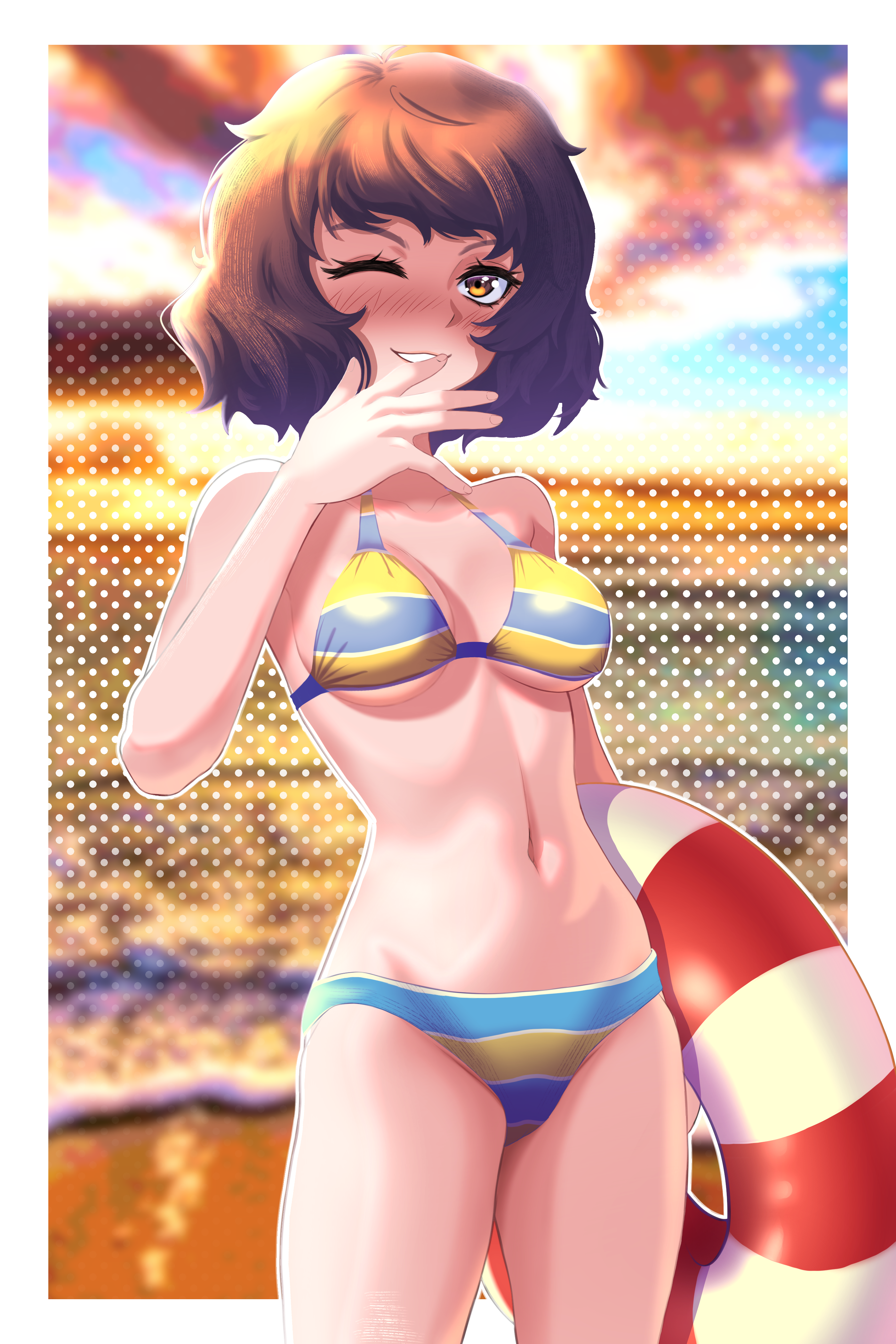 amaterasu (amaterasu1), kawakami sadayo, persona, persona 5, absurdres, commentary, english commentary, highres, 1girl, beach, bikini, blue bikini, blush, breasts, brown eyes, brown hair, cleavage, horizon, innertube, medium breasts, nose blush, ocean, one eye closed, short hair, smile, solo, striped bikini, striped clothes, swim ring, swimsuit, yellow bikini