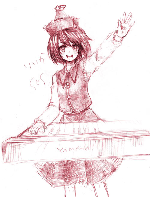 usa (artist), usaki (ama), lyrica prismriver, touhou, 1girl, female focus, hat, instrument, keyboard, keyboard (instrument), monochrome, red theme, short hair, sketch, solo