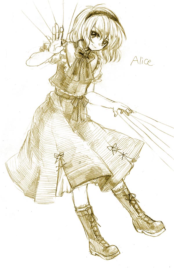 usa (artist), usaki (ama), alice margatroid, touhou, 1girl, female focus, full body, monochrome, solo