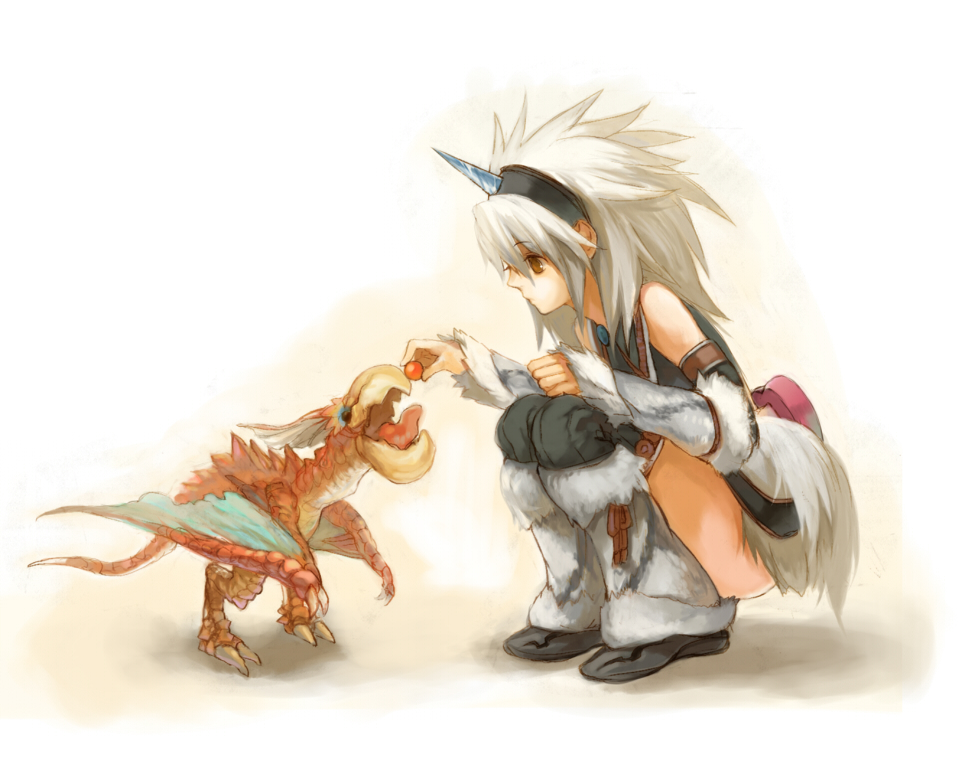 jimu kaji, kajimiya (kaji), yian kut-ku, capcom, monster hunter (series), 1girl, aged down, brown eyes, dragon, feeding, female focus, grey hair, hairband, horns, kirin (armor), single horn, solo, squatting, thighhighs
