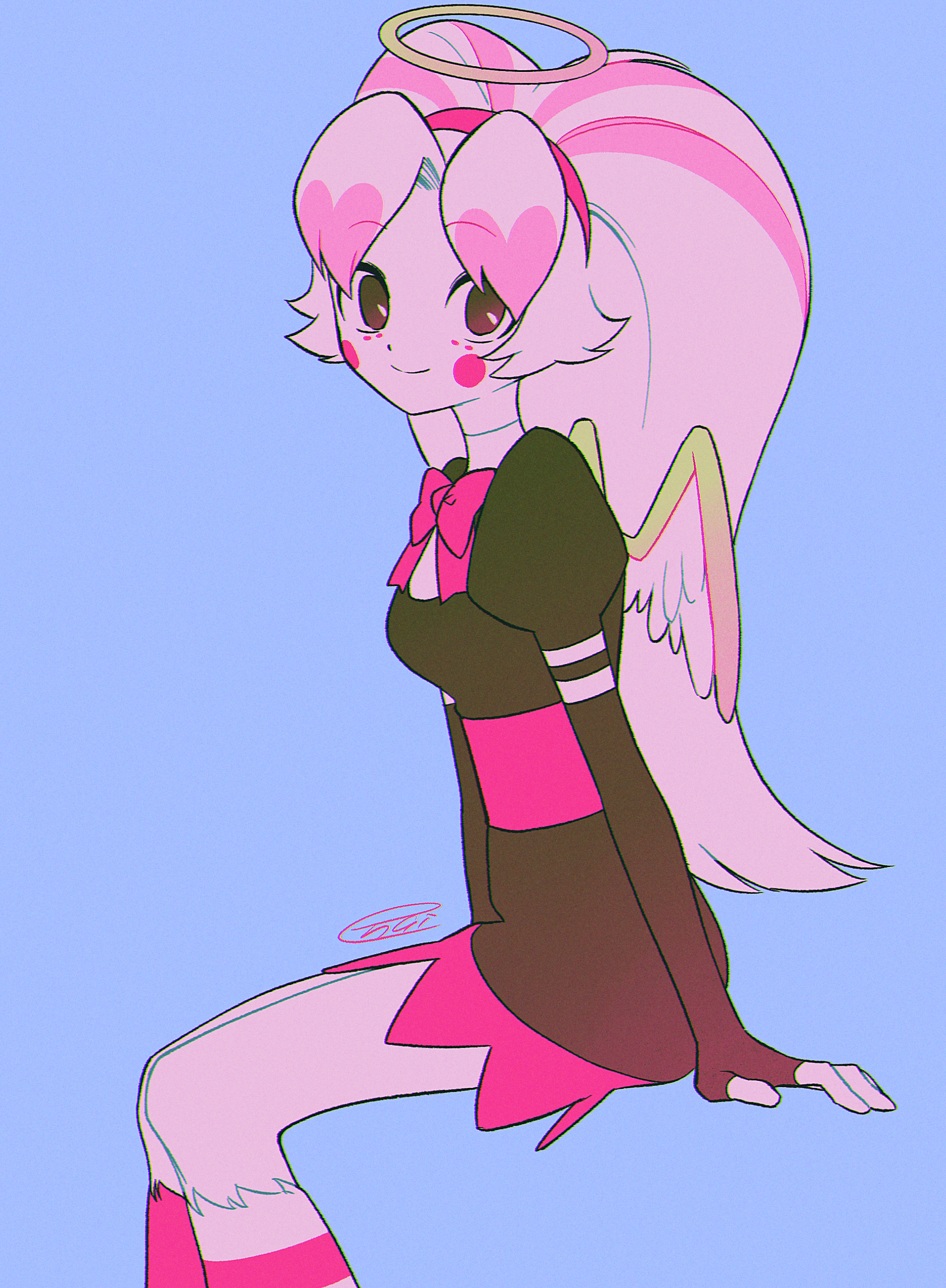 menma (enaic31), molly (hazbin hotel), hazbin hotel, hellaverse, absurdres, commentary request, highres, 1girl, arm support, asymmetrical legwear, black dress, blue background, bow, bowtie, breasts, brown eyes, chromatic aberration, circle facial mark, closed mouth, colored skin, colored tips, dress, elbow gloves, feathered wings, feet out of frame, film grain, frilled dress, frills, gloves, gradient halo, hairband, halo, invisible chair, kneehighs, long hair, looking at viewer, multicolored hair, multicolored halo, no pupils, pink bow, pink bowtie, pink hairband, pink halo, pink socks, puffy short sleeves, puffy sleeves, shirt, short dress, short sleeves, signature, simple background, sitting, small breasts, smile, socks, solo, streaked hair, striped clothes, striped socks, turtleneck, turtleneck shirt, two-tone hair, two-tone socks, two-tone wings, white hair, white shirt, white skin, white socks, white wings, wings, yellow halo, yellow wings