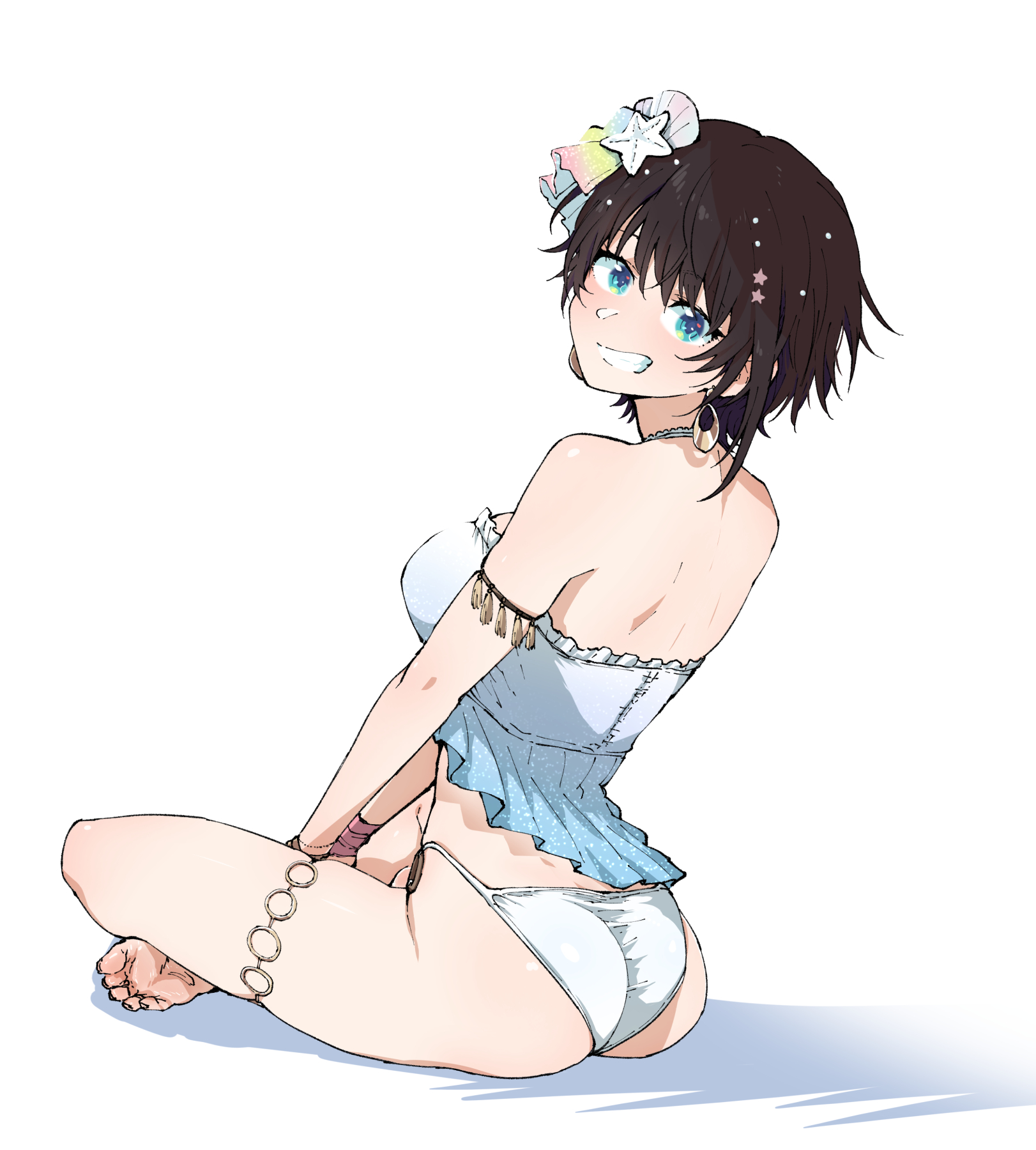 henriiku (ahemaru), oozora subaru, hololive, hashtag-only commentary, highres, aqua eyes, aqua shirt, ass, bare back, barefoot, black hair, breasts, earrings, full body, grin, hair ornament, indian style, jewelry, large breasts, looking at viewer, looking back, no pants, panties, shadow, shirt, short hair, simple background, sitting, smile, star (symbol), star hair ornament, strapless, strapless shirt, string panties, turning head, underwear, virtual youtuber, white background, white panties
