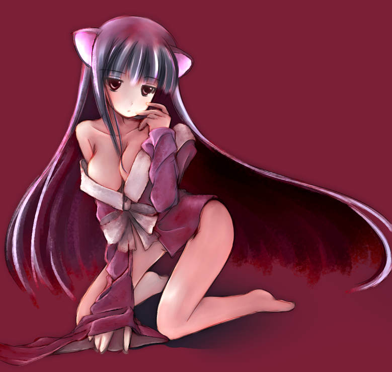 yako, houraisan kaguya, touhou, bad id, bad pixiv id, 1girl, animal ears, black hair, bottomless, bow, breasts, brown eyes, female focus, large breasts, long hair, off shoulder, simple background, solo, undressing, very long hair, wide sleeves