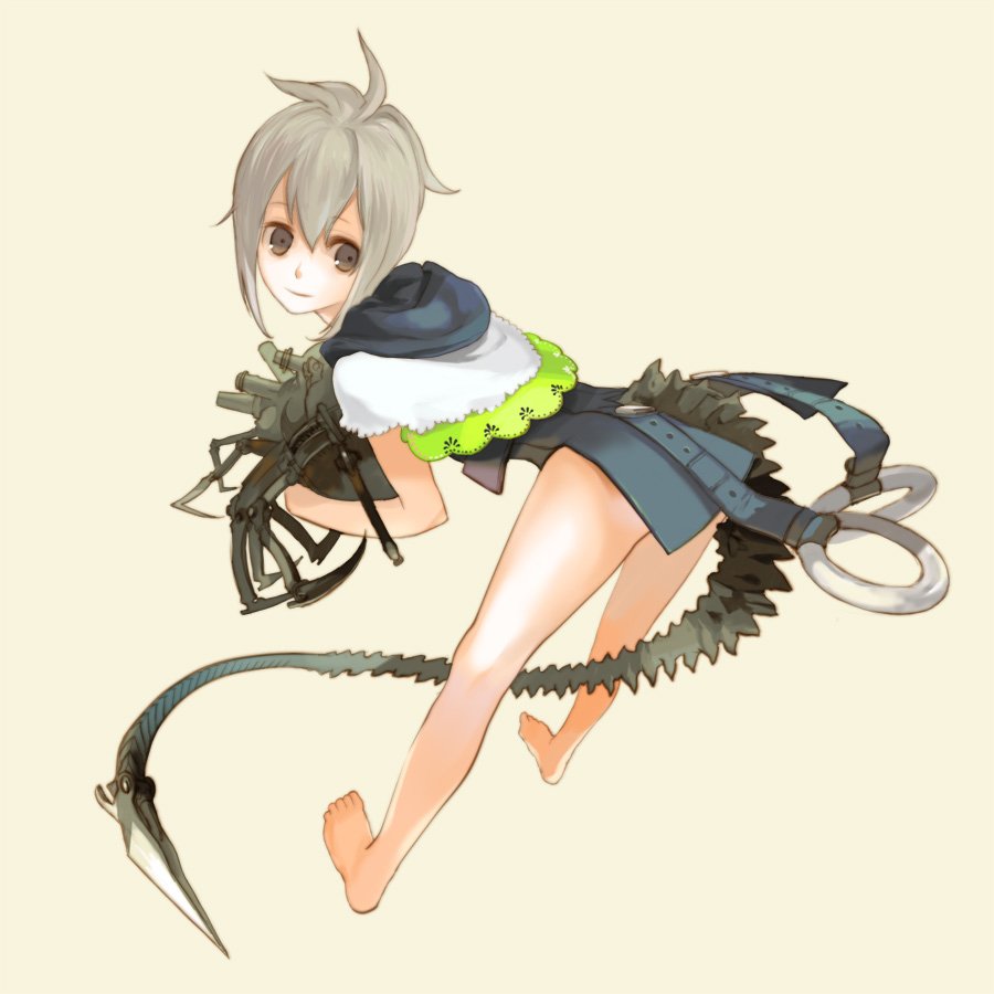 jimu kaji, kajimiya (kaji), original, bad id, bad pixiv id, 1girl, barefoot, female focus, grey eyes, grey hair, monster girl, solo, tail