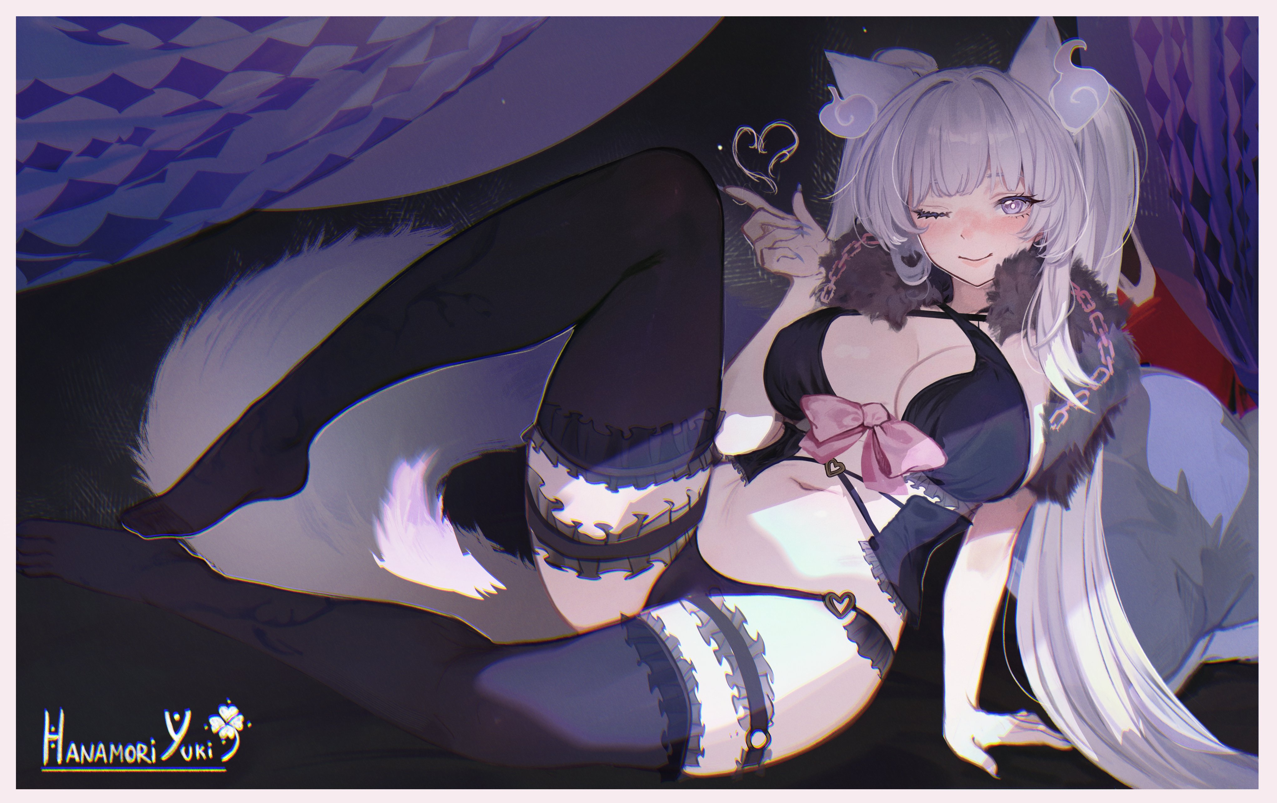 zaikiai, indie virtual youtuber, 1girl, breasts, cleavage, grey hair, heart, purple eyes, revealing clothes, solo, thighhighs, twintails, virtual youtuber