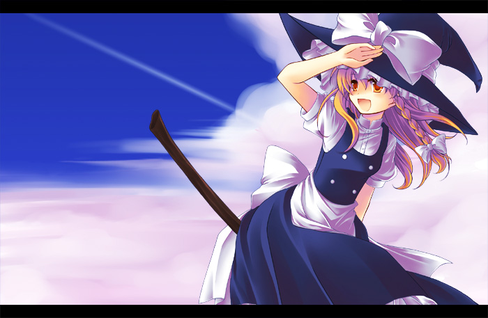 kirisame marisa, touhou, 1girl, apron, blonde hair, blue sky, bow, braid, broom, cloud, contrail, day, female focus, frills, hat, letterboxed, long hair, single braid, skirt, sky, solo, witch hat, yellow eyes