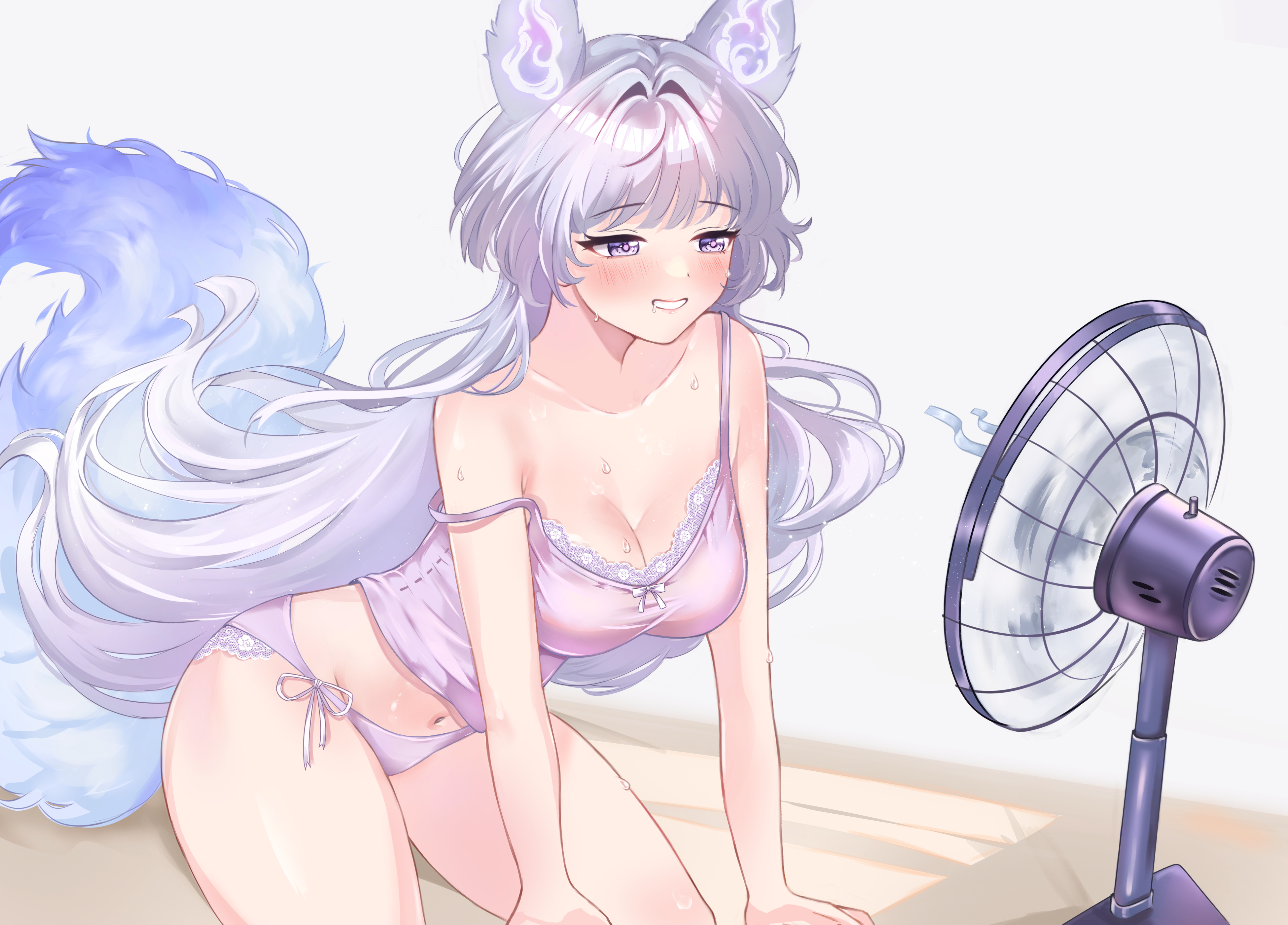zaikiai, indie virtual youtuber, animal ears, blush, breasts, cleavage, electric fan, grey hair, long hair, medium breasts, panties, purple eyes, smile, tail, teeth, thighs, underwear, virtual youtuber