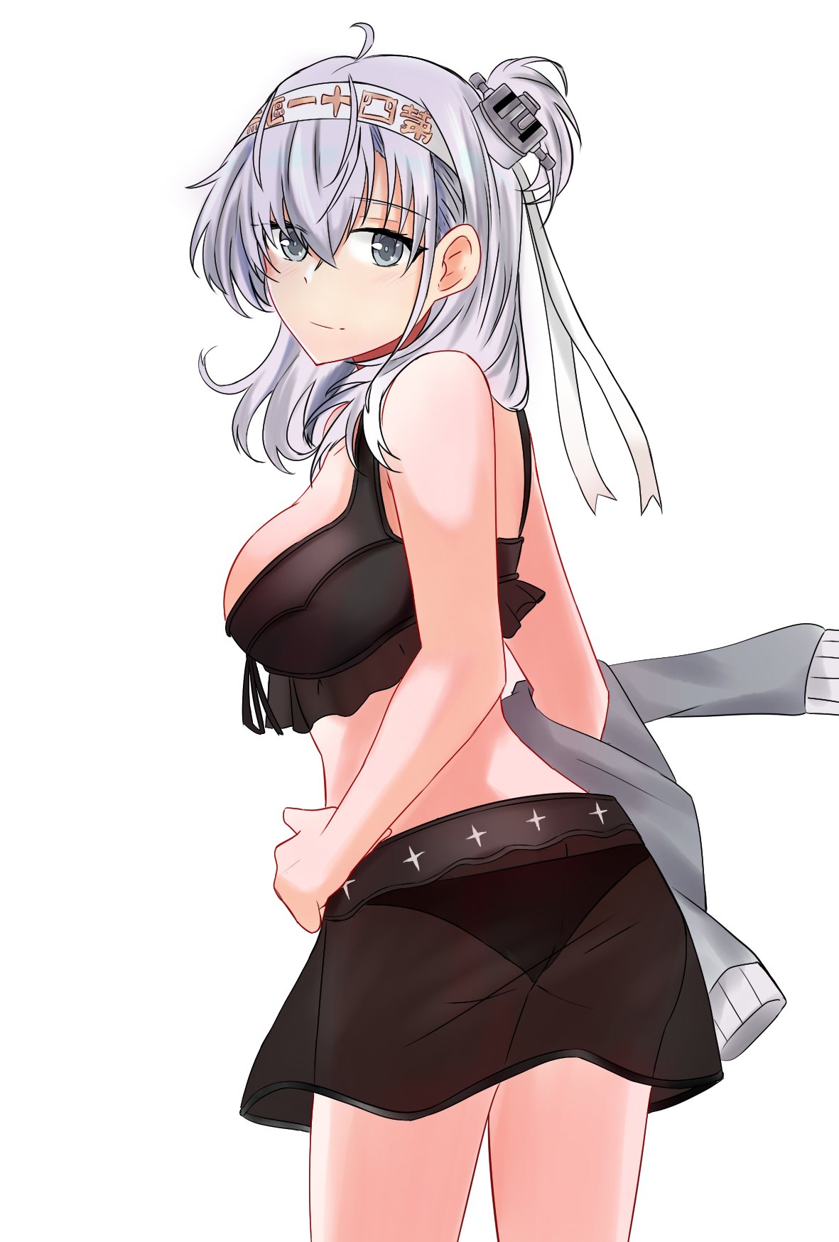 rukialice, suzutsuki (kancolle), suzutsuki (swimsuit) (kancolle), kantai collection, highres, 1girl, bikini, bikini skirt, black bikini, breasts, front-tie bikini top, front-tie top, grey eyes, grey hair, grey jacket, hair between eyes, headband, headgear, jacket, long hair, looking at viewer, looking back, medium breasts, one side up, see-through clothes, see-through shirt, shirt, simple background, solo, swimsuit, white background, white headband