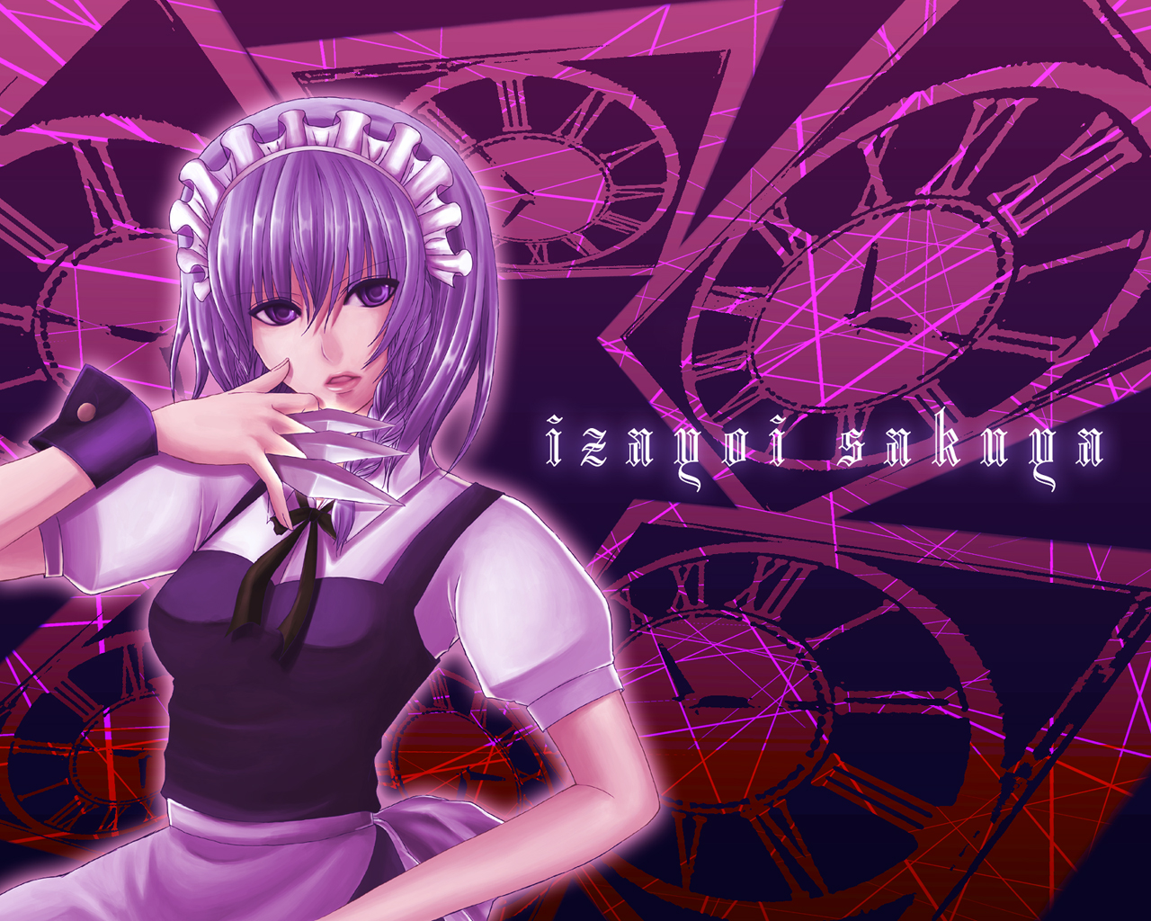 nonoko, yuuka nonoko, izayoi sakuya, touhou, silver hair, 1girl, between fingers, braid, female focus, holding, knife, short hair, solo, throwing knife, twin braids, weapon