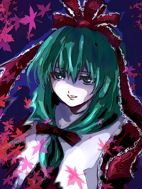 chiri (o9o9), kagiyama hina, touhou, 1girl, female focus, front ponytail, gothic lolita, green eyes, green hair, hair ribbon, leaf, lolita fashion, matching hair/eyes, ribbon, solo