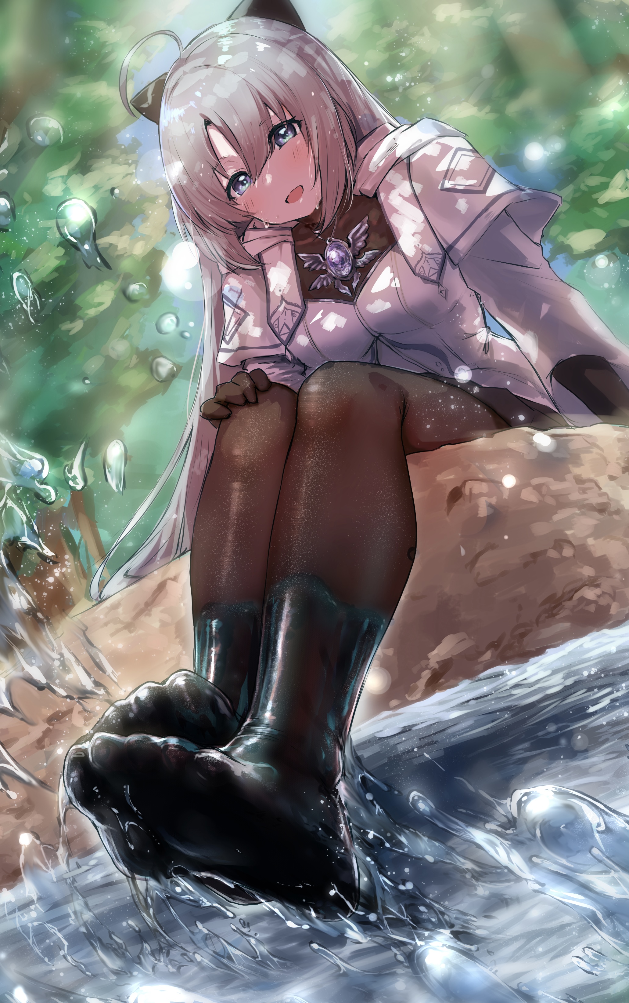 hundred brazil, kanon (duel masters), duel masters, duel masters play's, absurdres, commentary request, highres, 1girl, :d, ahoge, blue eyes, blurry edges, breasts, brown pantyhose, feet, grey hair, hair between eyes, looking at viewer, medium breasts, no shoes, open mouth, outdoors, pantyhose, shirt, smile, soaking feet, soles, solo, water, white shirt