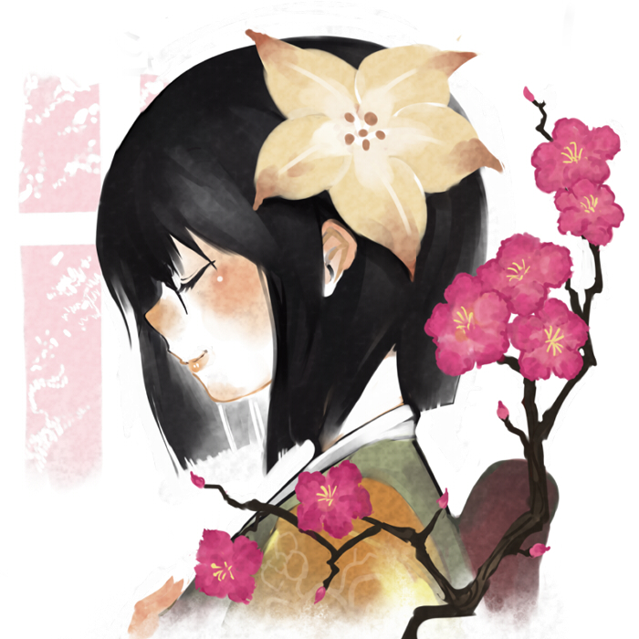 ichinii, hieda no akyuu, perfect memento in strict sense, touhou, 1girl, alternate hair color, black hair, bob cut, cherry blossoms, closed eyes, female focus, flower, hair flower, hair ornament, heida no akyuu, japanese clothes, profile, short hair, smile, solo, upper body