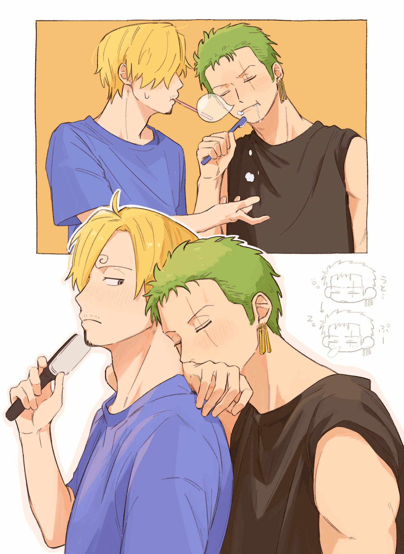 iqracha, roronoa zoro, sanji (one piece), one piece, highres, 2boys, black shirt, blonde hair, blue shirt, closed eyes, facial hair, goatee, green hair, hair over one eye, holding, holding brush, male focus, multiple boys, multiple views, mustache stubble, nose bubble, scar, scar across eye, scar on face, shirt, short hair, stubble, sweatdrop, toothbrush, yaoi