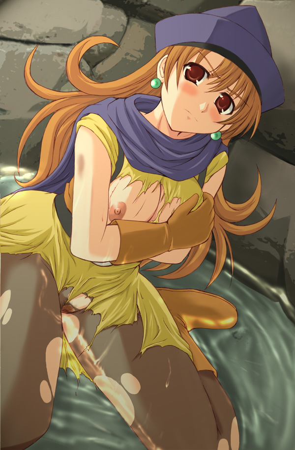 akino hamo, alena (dq4), chunsoft, dragon quest, dragon quest iv, enix, bad id, 1girl, blush, breasts, cape, female focus, long hair, panties, panties under pantyhose, pantyhose, red eyes, red hair, skirt, solo, torn clothes, torn pantyhose, underwear, wet, yellow skirt