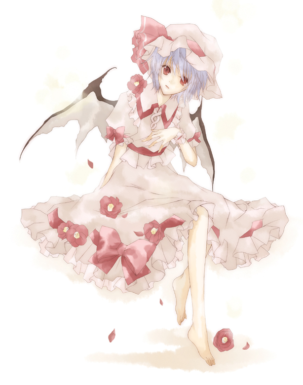 honokan, remilia scarlet, touhou, 1girl, barefoot, blue hair, camellia, female focus, flower, full body, hat, red eyes, short hair, solo, white background, wings