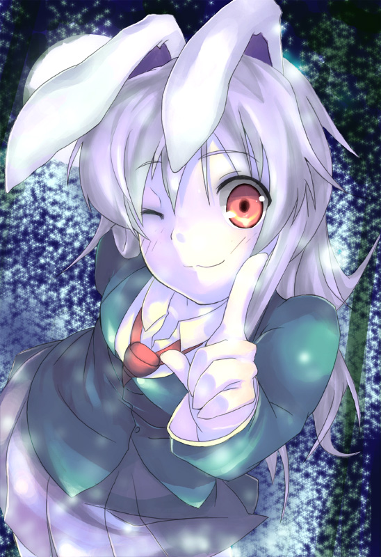 reisen udongein inaba, touhou, 1girl, :3, animal ears, female focus, necktie, rabbit ears, red eyes, skirt, solo, wink
