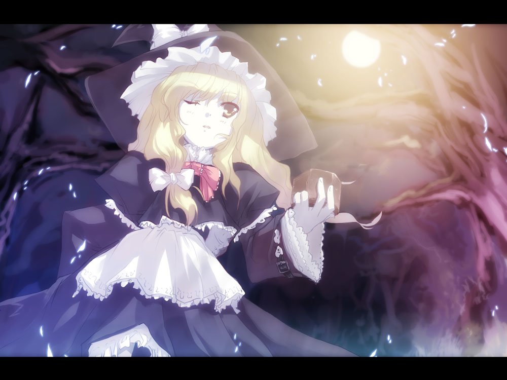 tokiame, kirisame marisa, touhou, 1girl, bare tree, blonde hair, bow, female focus, frills, from below, glowing, hat, letterboxed, long hair, night, one eye closed, solo, tree, witch hat, yellow eyes