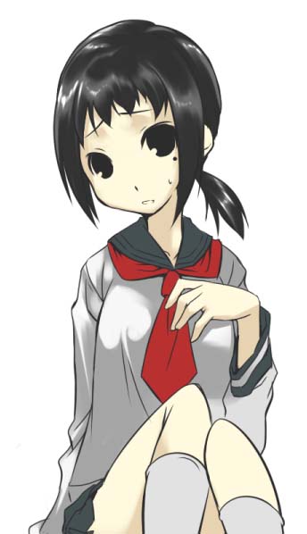 kaga ai, sayonara zetsubou sensei, 00s, 1girl, black eyes, black hair, female focus, ponytail, school uniform, serafuku, sitting, socks, solo