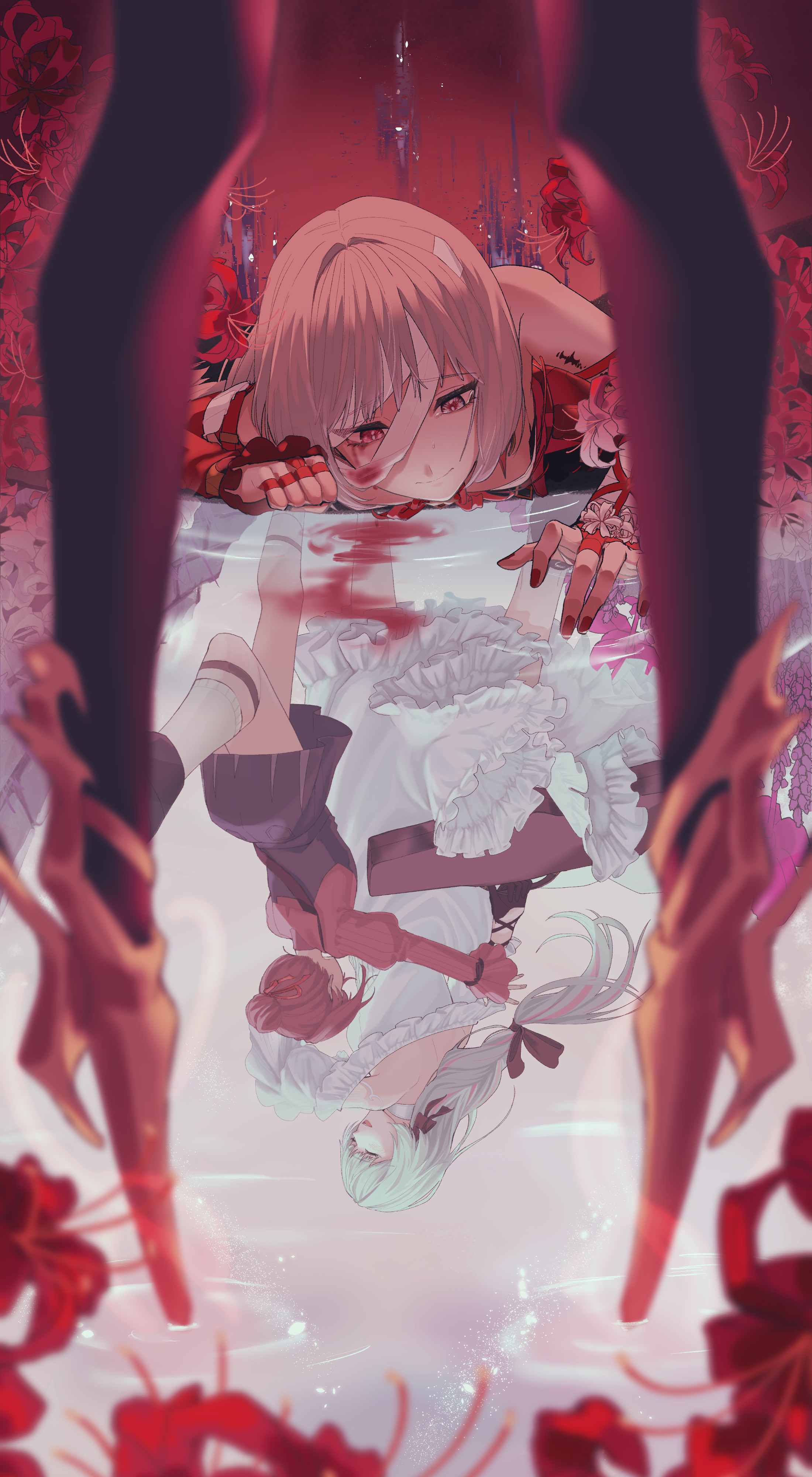 nekomu 10, phrolova (wuthering waves), triss (wuthering waves), wuthering waves, absurdres, commentary request, highres, 1girl, black overalls, blood, bloody tears, closed mouth, different reflection, dress, flower, grey hair, hecate (wuthering waves), long hair, looking at reflection, loose bandages, lying, multicolored hair, nail polish, overall skirt, overalls, red nails, red shirt, reflection, shirt, spider lily, streaked hair, tacet mark (wuthering waves), tearing up, white dress