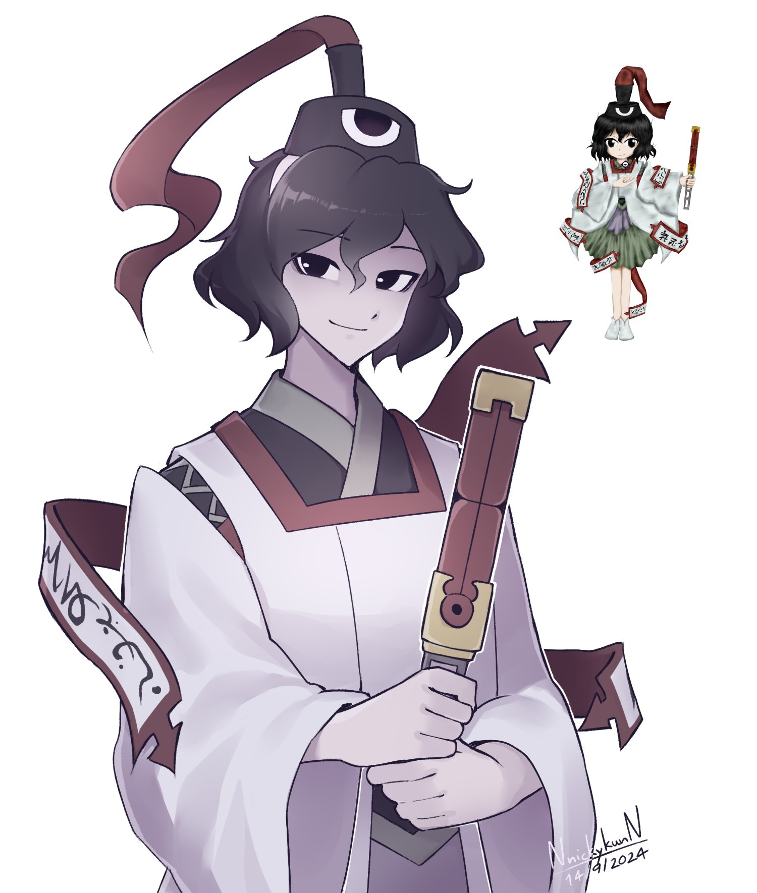 nnickykunn, senri tsurubami, len'en, commentary, english commentary, highres, 1other, androgynous, black eyes, black hair, black hat, black kimono, closed mouth, cowboy shot, dated, detached sleeves, dot nose, eye of senri, hair between eyes, happy, hat, hat ribbon, holding, holding rod, japanese clothes, jinbei (clothes), kariginu, kimono, layered sleeves, long sleeves, looking at viewer, ofuda, ofuda on clothes, other focus, pale skin, red ribbon, reference inset, ribbon, rod, short hair, short kimono, signature, simple background, smile, solo, standing, tate eboshi, tsurime, wavy hair, white background, white sleeves, wide sleeves