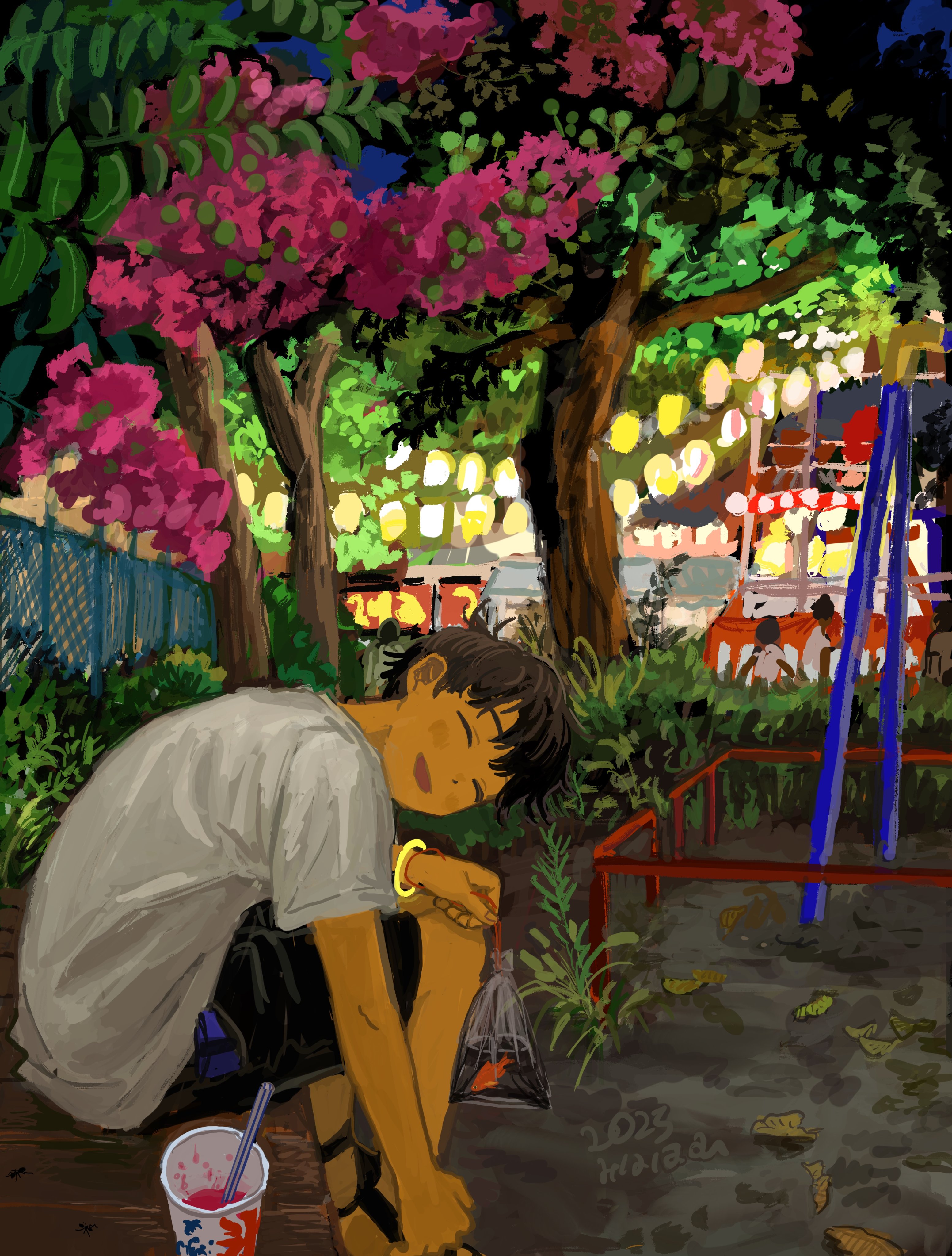 minahamu, original, absurdres, commentary request, highres, 1boy, ^ ^, bag, bent over, black hair, black shorts, closed eyes, cup, disposable cup, fish, flower, from side, goldfish, holding, holding bag, leaf, looking at viewer, looking to the side, male focus, night, open mouth, outdoors, people, pink flower, plastic bag, scenery, shirt, short hair, short sleeves, shorts, sitting, smile, solo, summer festival, tree, very short hair, white shirt