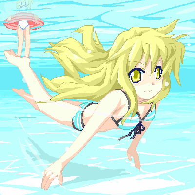 kirisame marisa, touhou, lowres, 2girls, bikini, breasts, female focus, full body, multiple girls, striped bikini, striped clothes, swimming, swimsuit, underwater