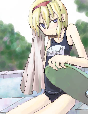 alice margatroid, touhou, lowres, 1girl, black one-piece swimsuit, female focus, name tag, one-piece swimsuit, school swimsuit, solo, swimsuit
