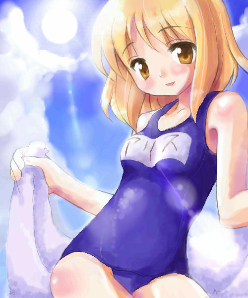 tilm, alice margatroid, touhou, 1girl, female focus, name tag, one-piece swimsuit, school swimsuit, solo, swimsuit