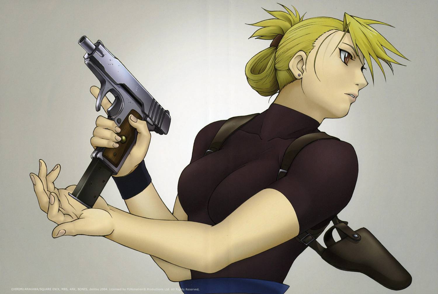 riza hawkeye, fullmetal alchemist, official art, scan, 00s, 1girl, blonde hair, brown eyes, earrings, female focus, folded ponytail, gun, hair up, handgun, holding, holding gun, holding weapon, holster, jewelry, locked slide, magazine (weapon), pistol, reloading, semi-automatic pistol, serious, short hair, shoulder holster, skin tight, solo, trigger discipline, turtleneck, weapon