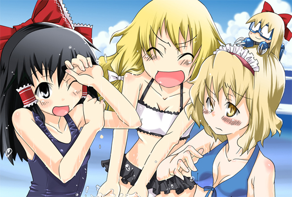 gengorou, alice margatroid, hakurei reimu, kirisame marisa, shanghai doll, z'gok, gundam, mobile suit gundam, touhou, 3girls, bikini, black one-piece swimsuit, blonde hair, day, female focus, matching shanghai, mecha, multiple girls, one-piece swimsuit, robot, school swimsuit, swimsuit