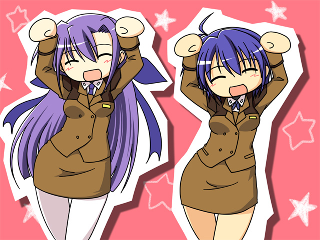 nagami yuu, ginga nakajima, subaru nakajima, lyrical nanoha, mahou shoujo lyrical nanoha, mahou shoujo lyrical nanoha strikers, white legwear, 00s, 2girls, :d, ^ ^, ahoge, arms up, brown skirt, caramelldansen, closed eyes, dancing, long sleeves, military, military uniform, multiple girls, open mouth, pantyhose, pencil skirt, red background, siblings, simple background, sisters, skirt, smile, star (symbol), thigh gap