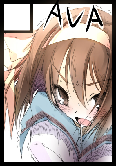 mugen dai, suzumiya haruhi, suzumiya haruhi no yuuutsu, eyebrows, 00s, 1girl, :o, black border, border, brown eyes, brown hair, circle cut, close-up, female focus, hairband, looking at viewer, open mouth, sailor collar, school uniform, serafuku, short hair, solo, upper body