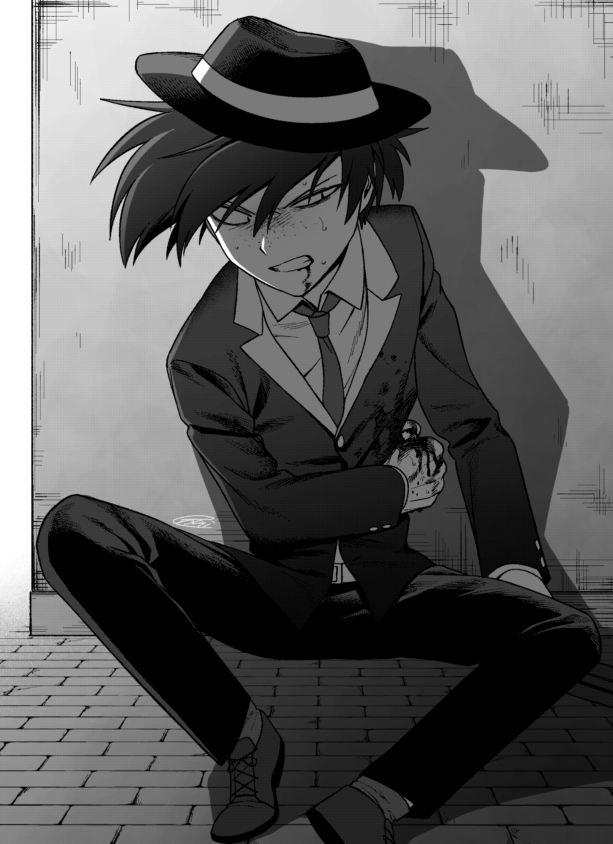 menma (enaic31), arackniss, hazbin hotel, hellaverse, absurdres, commentary request, highres, 1boy, against wall, bags under eyes, belt, blood, blood from mouth, blood on hands, brick floor, clenched teeth, collared shirt, drop shadow, facing viewer, fedora, foot out of frame, greyscale, hair between eyes, hand on own opposite hip, hat, humanization, jacket, knee up, knees apart feet together, lapels, looking to the side, male focus, monochrome, necktie, notched lapels, pants, shadow, shirt, shoes, short hair, sidelighting, simple background, sitting, solo, spread legs, swept bangs, teeth, uneven eyes, white background