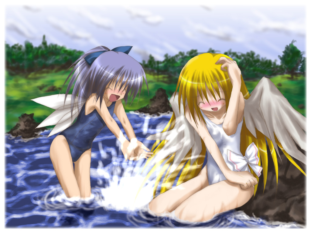 izumi yukiru, cirno, lily white, touhou, 2girls, female focus, multiple girls, one-piece swimsuit, swimsuit, white one-piece swimsuit
