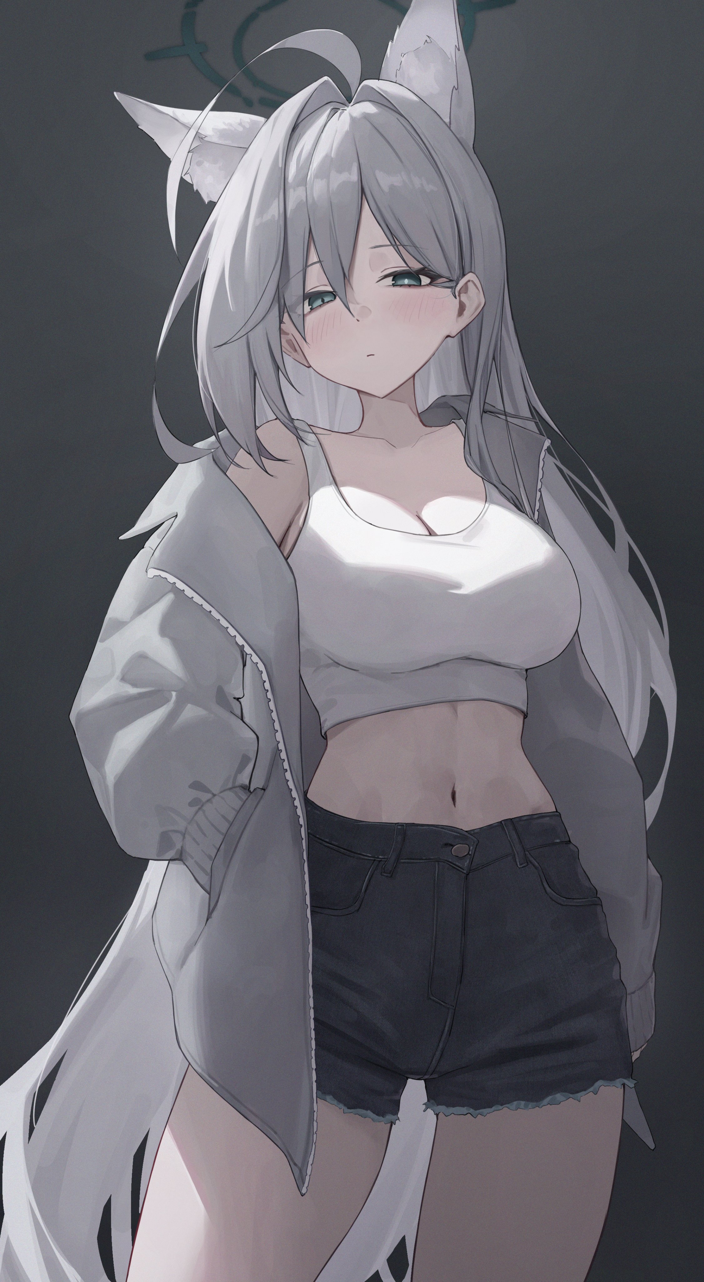 springrain 06, shiroko terror (blue archive), blue archive, absurdres, highres, 1girl, ahoge, alternate costume, animal ear fluff, animal ears, black halo, black shorts, blue eyes, blush, breasts, broken halo, cleavage, closed mouth, collarbone, cowboy shot, crop top, dark halo, denim, denim shorts, extra ears, grey background, grey hair, halo, hand in pocket, jacket, large breasts, long hair, long sleeves, looking at viewer, midriff, mismatched pupils, navel, open clothes, open jacket, short shorts, shorts, simple background, single bare shoulder, single off shoulder, solo, stomach, tank top, very long hair, white tank top, wolf ears