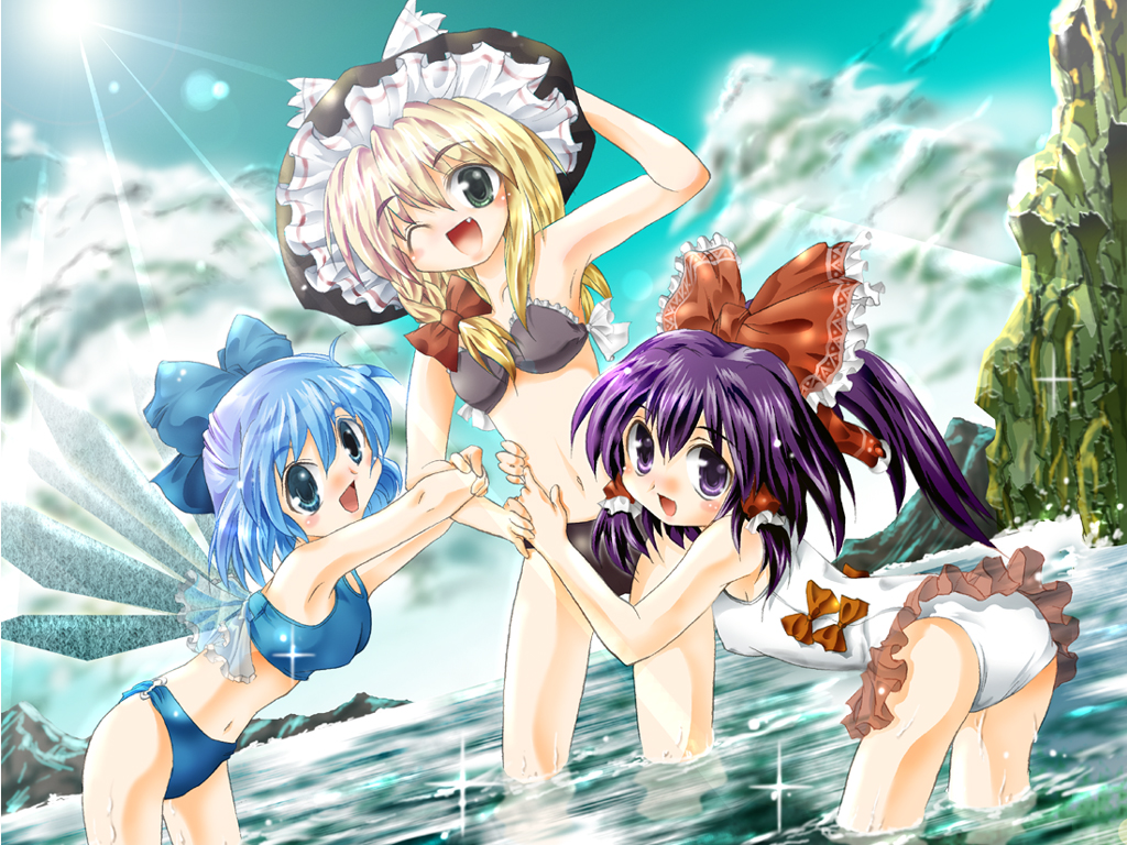 cirno, hakurei reimu, kirisame marisa, embodiment of scarlet devil, touhou, 3girls, :d, ;d, ass, bathing, bikini, blonde hair, blue bikini, blue eyes, blue hair, blush, braid, casual one-piece swimsuit, day, female focus, from behind, hat, ice, ice wings, looking at viewer, looking back, multiple girls, one-piece swimsuit, one eye closed, open mouth, outdoors, river, single braid, smile, swimsuit, wading, water, white one-piece swimsuit, wings, witch hat