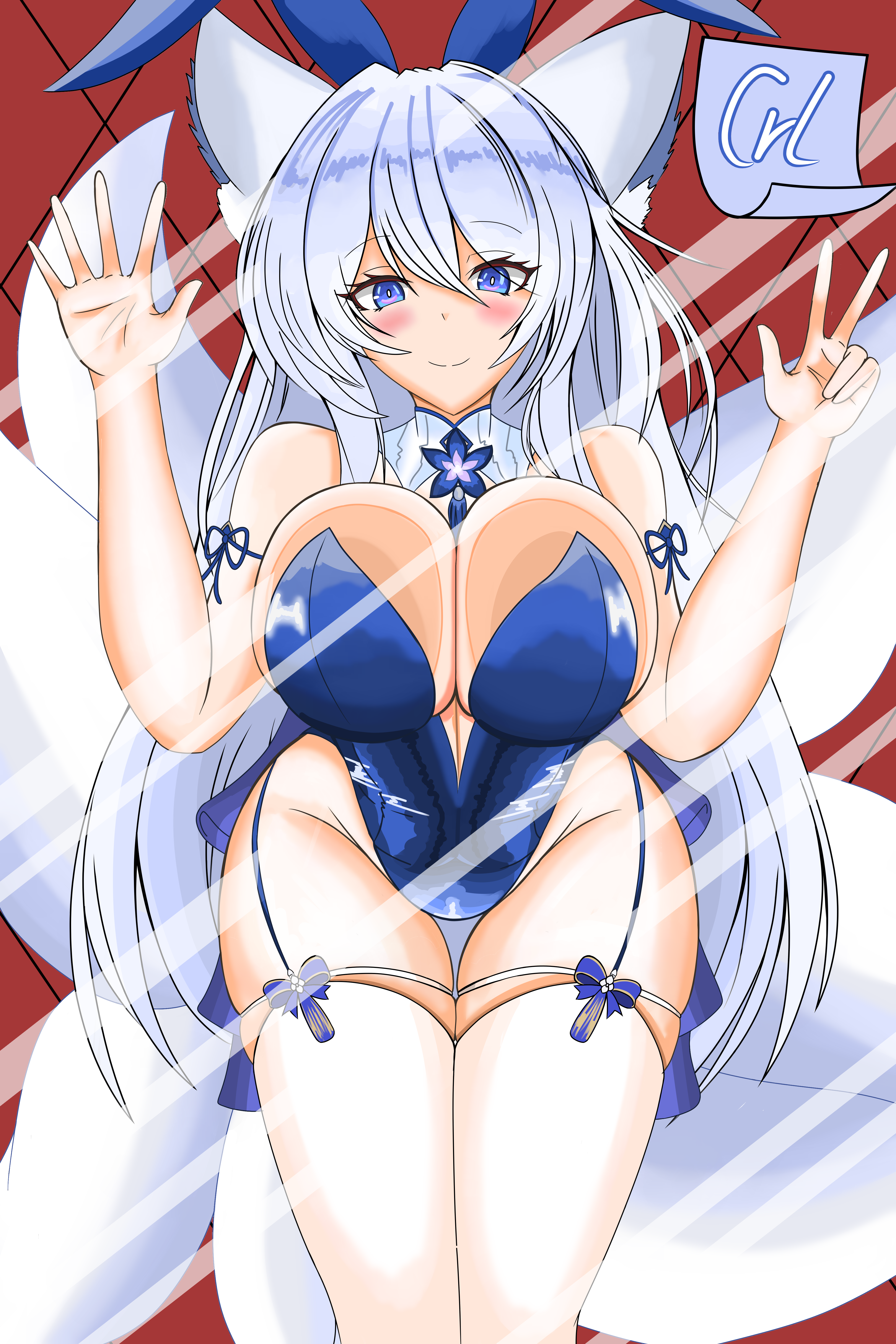 crallylystia, shinano (azur lane), shinano (visions of fantasy) (azur lane), azur lane, absurdres, highres, self-upload, 1girl, against fourth wall, against glass, animal ear fluff, animal ears, bare shoulders, blue eyes, blue garter straps, blue leotard, blue ribbon, blush, breast press, breasts, breasts on glass, cleavage, collar, covered navel, fourth wall, fox ears, fox girl, fox tail, glass, hair between eyes, hand on glass, huge breasts, kitsune, kyuubi, large tail, leotard, long hair, looking at viewer, multicolored collar, multiple tails, playboy bunny, rabbit ears, ribbon, smile, solo, tail, thighhighs, thighs, v, white collar, white hair, white tail, white thighhighs