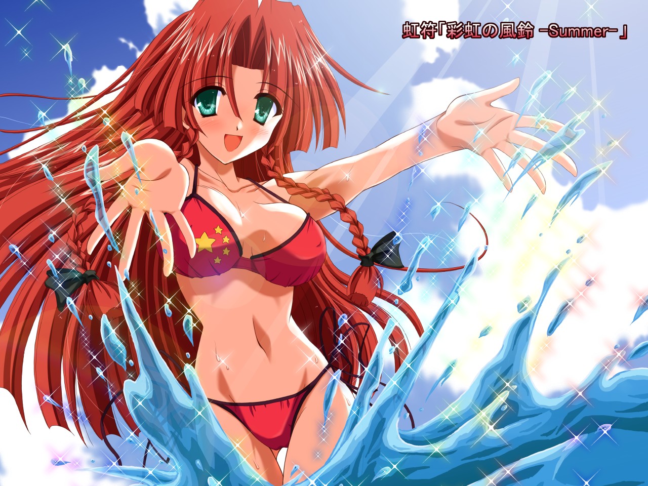 yamu (reverse noise), hong meiling, embodiment of scarlet devil, touhou, 1girl, bikini, blue eyes, blush, braid, breasts, female focus, long hair, outdoors, red bikini, red hair, side-tie bikini bottom, sky, solo, splashing, swimsuit, twin braids, water, wet