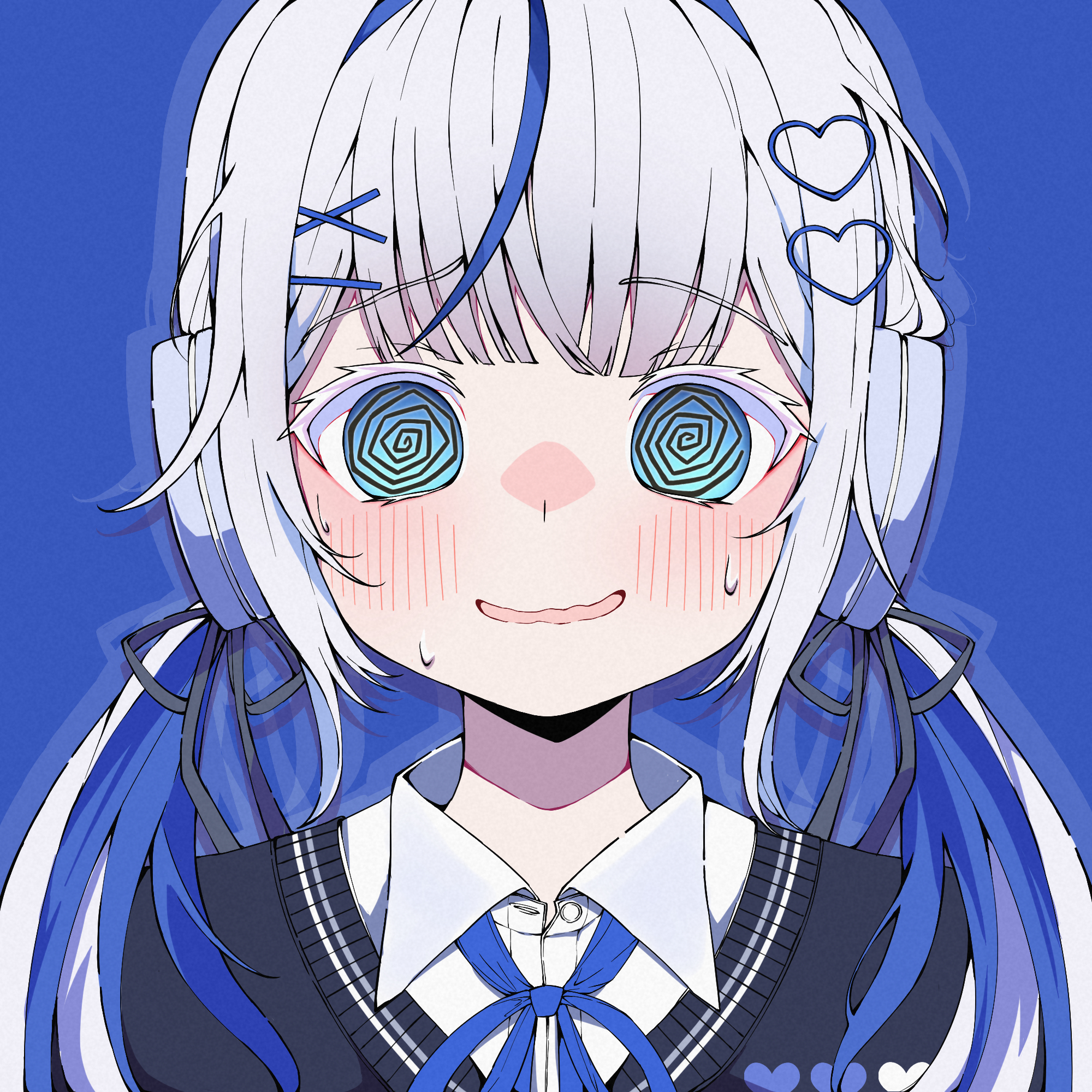 amadeus (amadeus0903), aokumo rin, stellive, highres, 1girl, @ @, blue background, blue eyes, blue hair, blue ribbon, blunt bangs, blush, cardigan, collared shirt, colored inner hair, hair ornament, hairclip, headphones, heart, heart hair ornament, long hair, looking at viewer, low twintails, multicolored hair, neck ribbon, nervous smile, official alternate hairstyle, open mouth, portrait, ribbon, shirt, simple background, single hair intake, smile, solo, streaked hair, sweat, sweater, twintails, virtual youtuber, wavy mouth, white hair, white shirt, x hair ornament