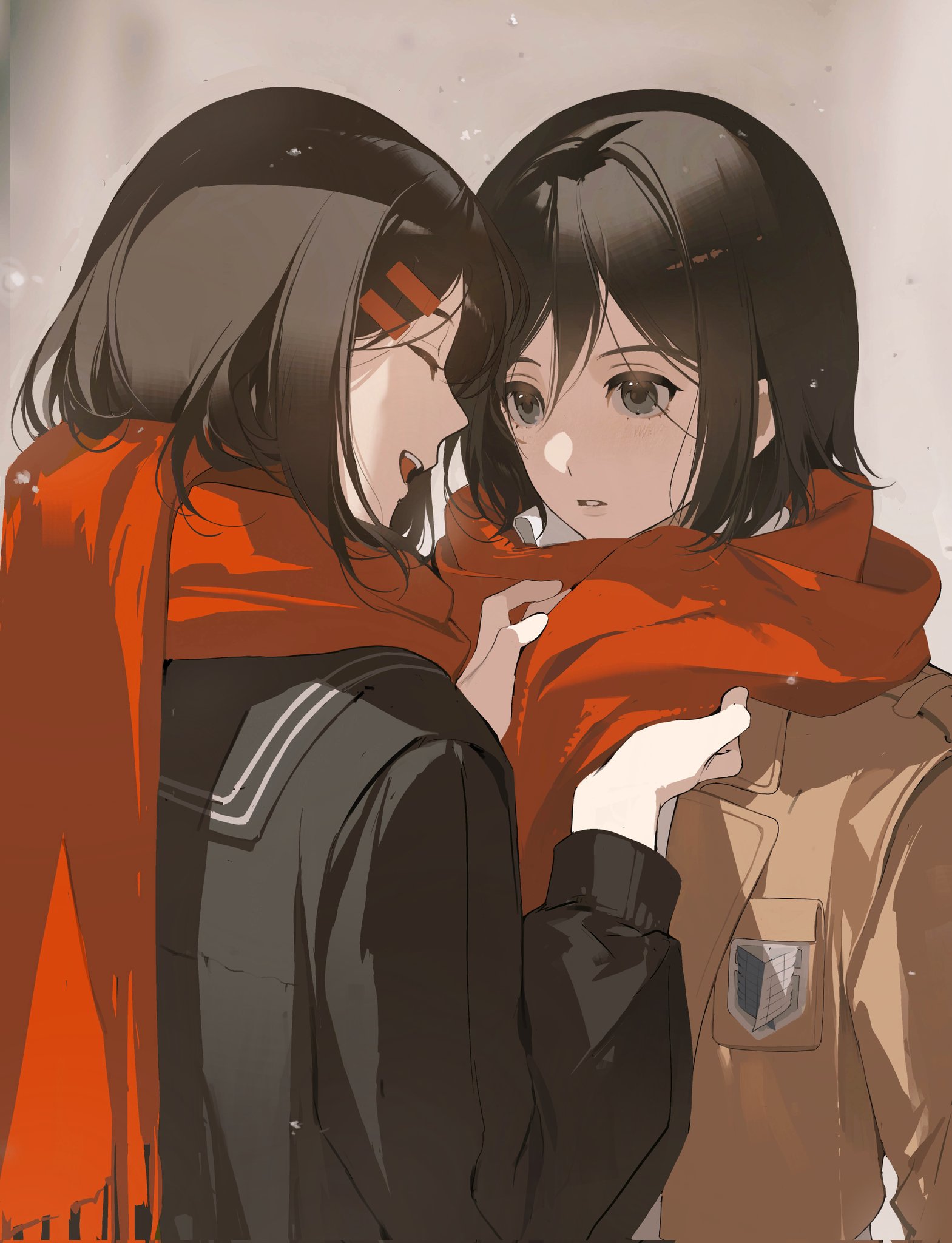 chongzhen 085, original, commentary, highres, symbol-only commentary, 2girls, adjusting another's clothes, black hair, black sailor collar, black shirt, brown jacket, closed eyes, double-parted bangs, grey eyes, hair ornament, hairclip, jacket, long sleeves, looking at another, medium hair, multiple girls, open mouth, parallel hairclips, parted lips, red scarf, sailor collar, scarf, school uniform, shirt, smile, upper body