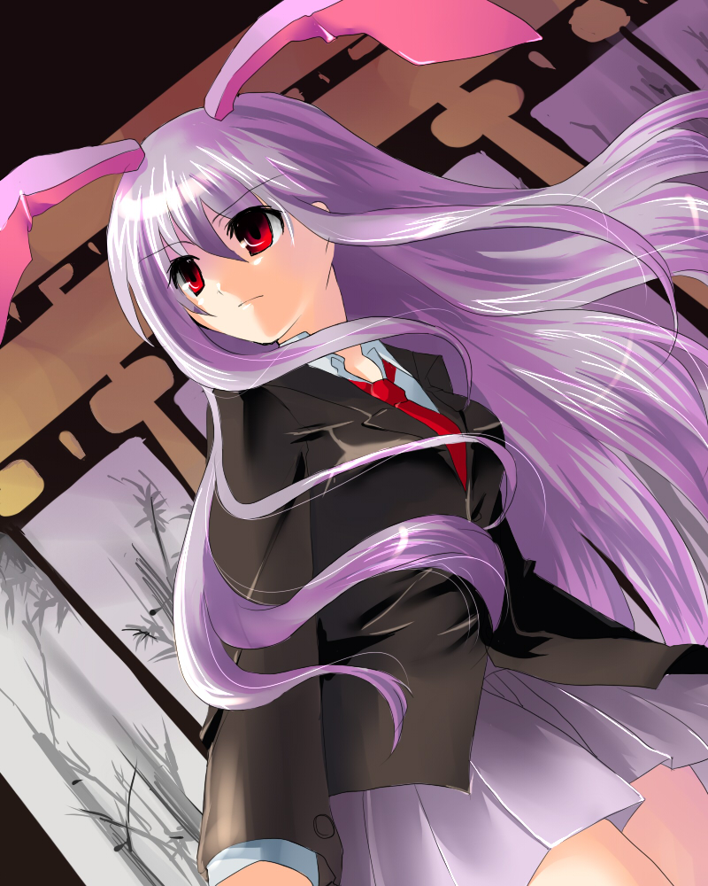 kobanzame, reisen udongein inaba, touhou, light purple hair, bad id, bad pixiv id, 1girl, animal ears, blazer, dutch angle, female focus, jacket, long hair, necktie, pleated skirt, rabbit ears, red eyes, red necktie, skirt, solo